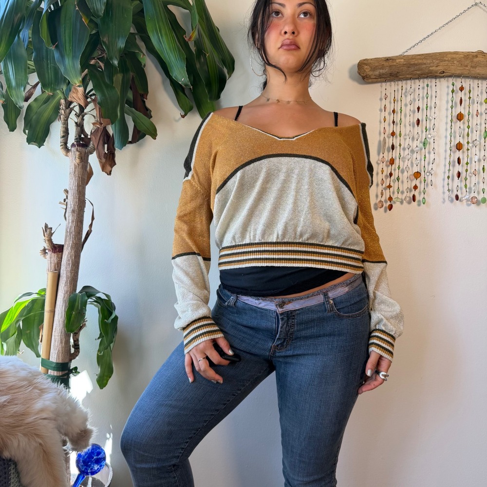 Free People Colorblock Sparkly Metallic Off The Shoulder Slouchy Sweater Large